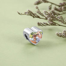 Carica l&#39;immagine nel visualizzatore di Gallery, Ciondolo personalizzato per braccialetto FOTO CUORE SCINTILLANTE INDIETRO in argento sterling 925 personalizzato
