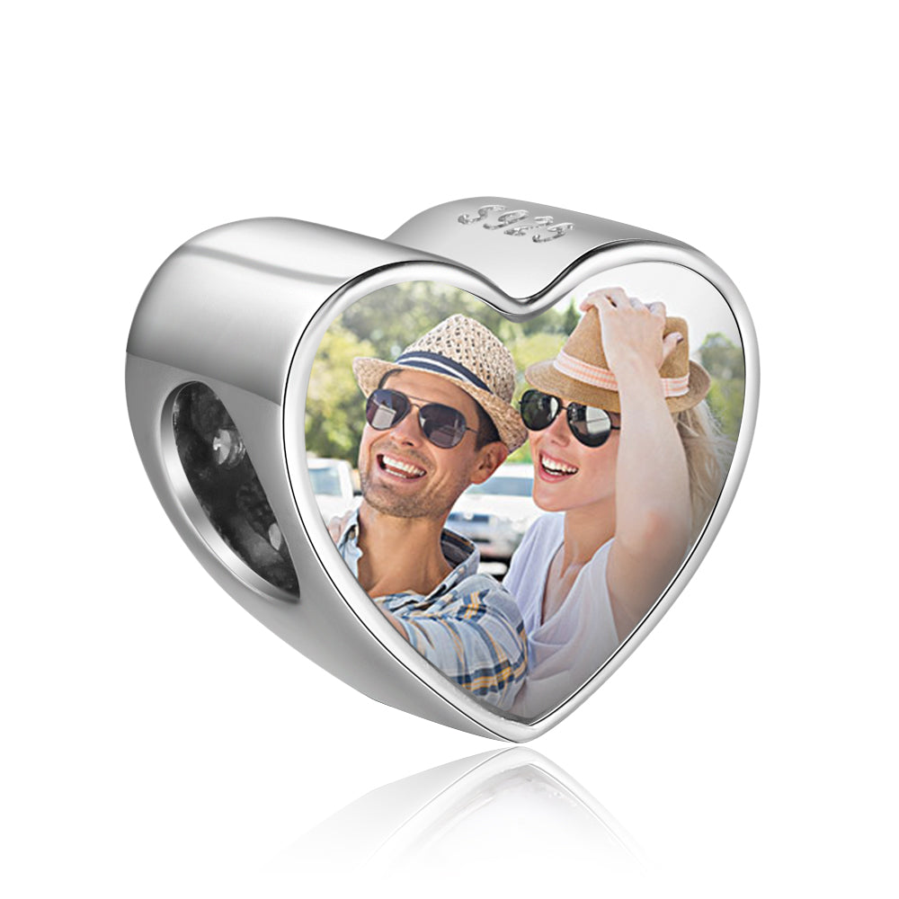 Ciondolo personalizzato per braccialetto FOTO CUORE SCINTILLANTE INDIETRO in argento sterling 925 personalizzato