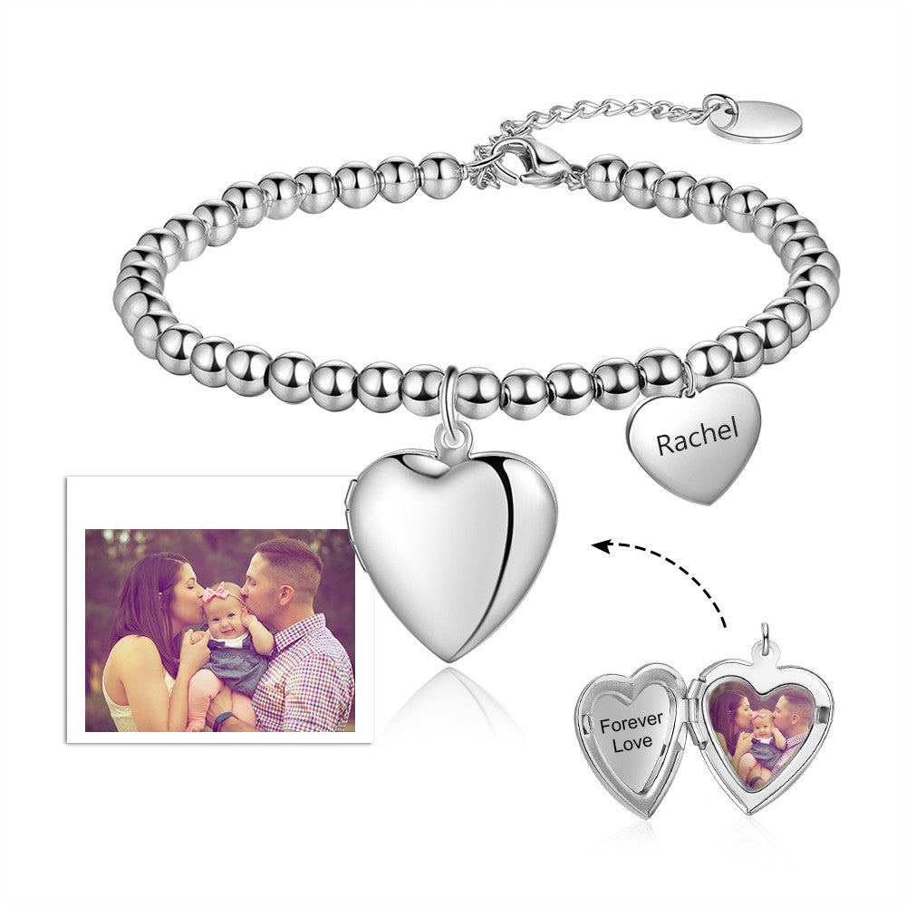 Custom HEART PHOTO/NAME White Gold Plated Bracelet