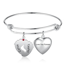 Load image into Gallery viewer, Custom BABY FEET HEART Charm Bangle Bracelet
