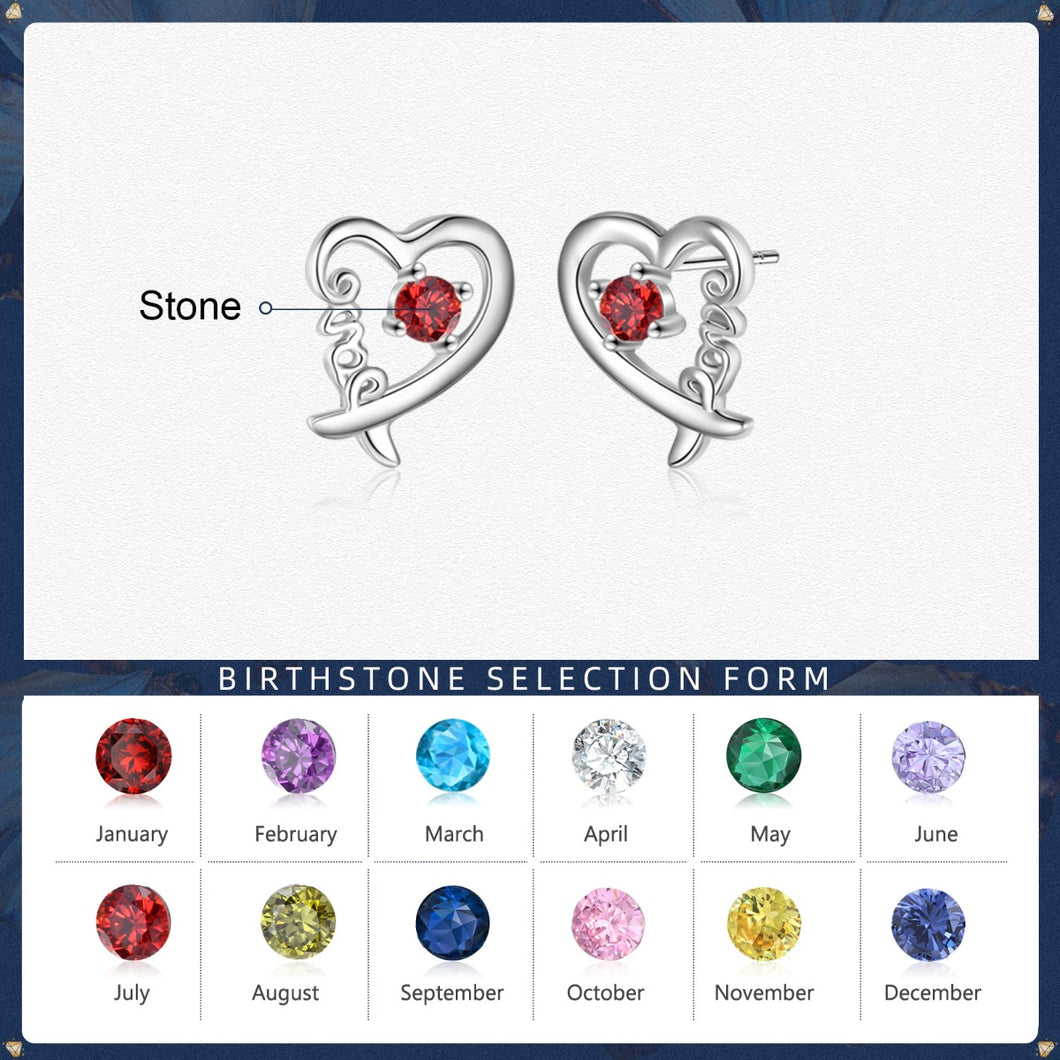 Custom 925 Sterling Silver BIRTHSTONE HEART Earrings